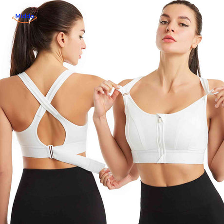 brassière de sport crossback blanche avec zip avant, maintien renforcé pour femme