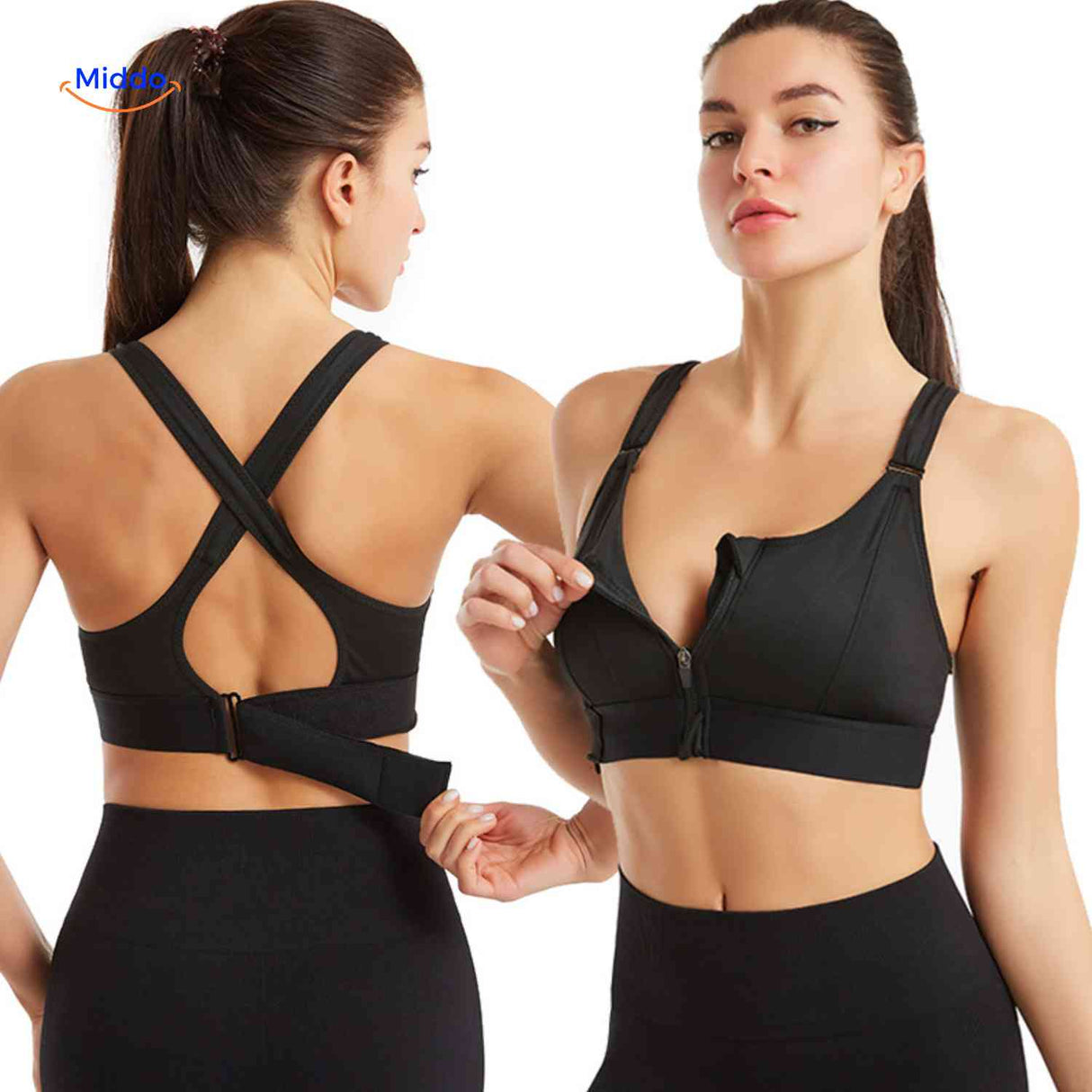 brassière de sport noire avec zip avant, idéale pour le fitness et les entraînements intenses
