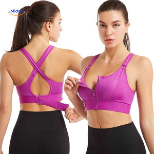 brassière de sport violette avec fermeture éclair avant, coupe crossback pour femme