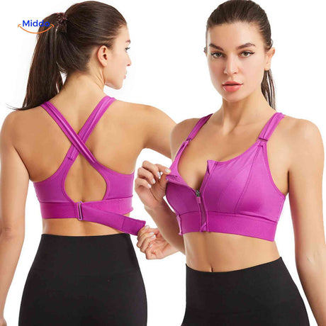 brassière de sport violette avec fermeture éclair avant, coupe crossback pour femme
