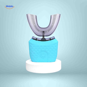 brosse à dents électrique automatique en forme de U présentée en coloris bleu