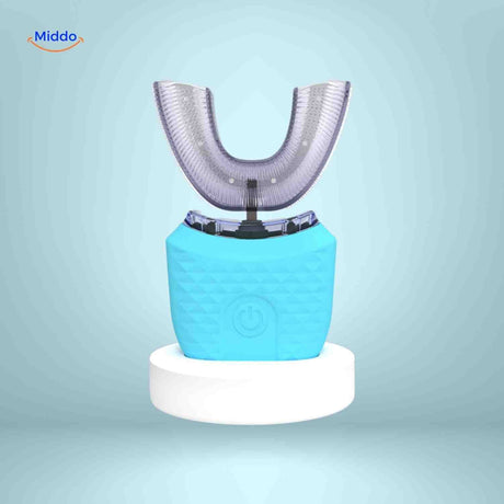 brosse à dents électrique automatique en forme de U présentée en coloris bleu