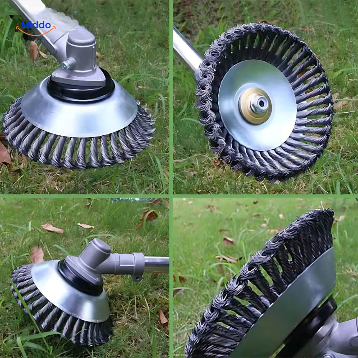 gros plan sur les roues en fil d'acier de la brosse désherbante pour gazon
