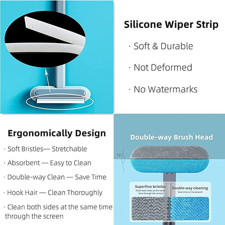 design ergonomique de la brosse avec raclette en silicone et double tête de nettoyage