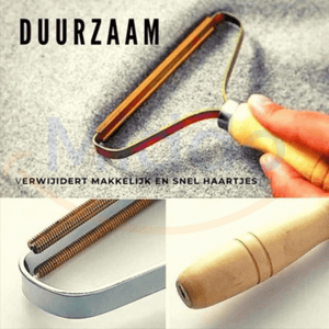 furbuster durable posé à côté d'un vêtement et de différents types de tissus