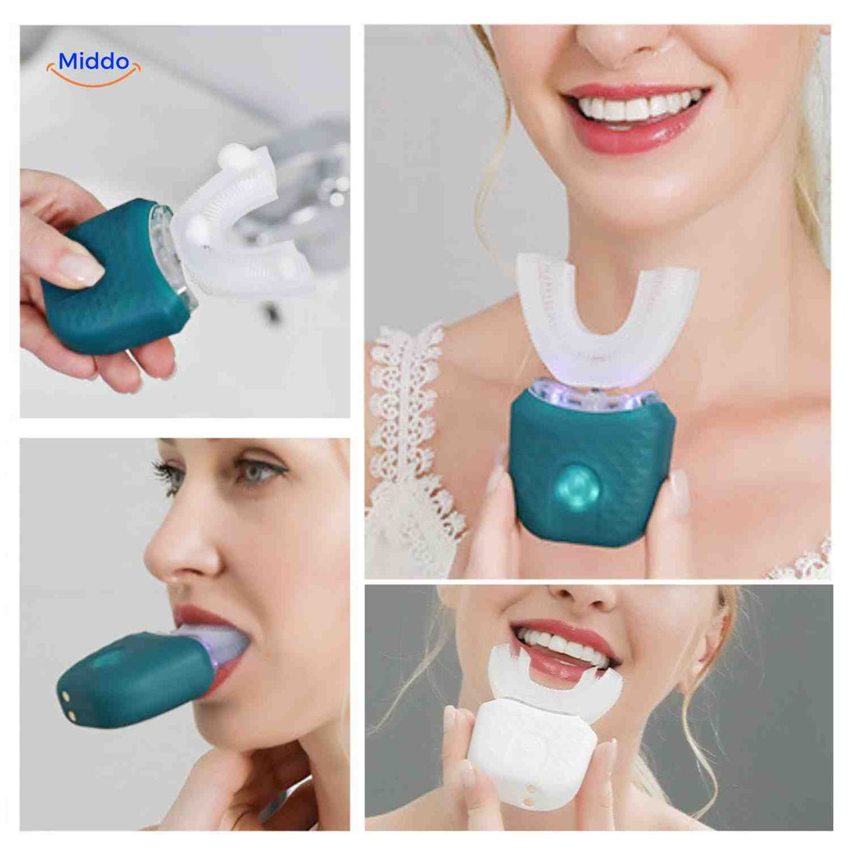 vues multiples de la brosse à dents sonique en U avec plusieurs utilisateurs et angles du produit