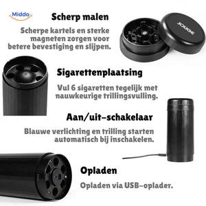 gros plan sur les lames acier affûtées et le porte-cigarettes intégré du broyeur vibrogrind