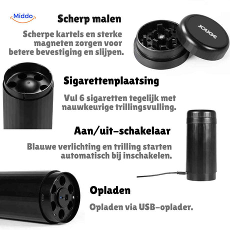 gros plan sur les lames acier affûtées et le porte-cigarettes intégré du broyeur vibrogrind