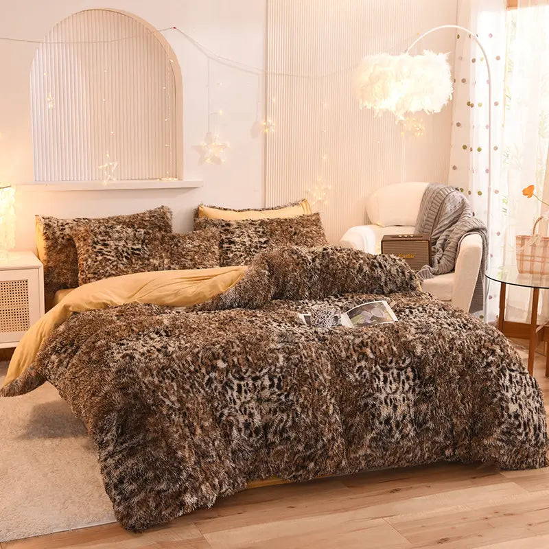 Parure de lit Teddy Fluffy en polaire, Imprimé léopard brun