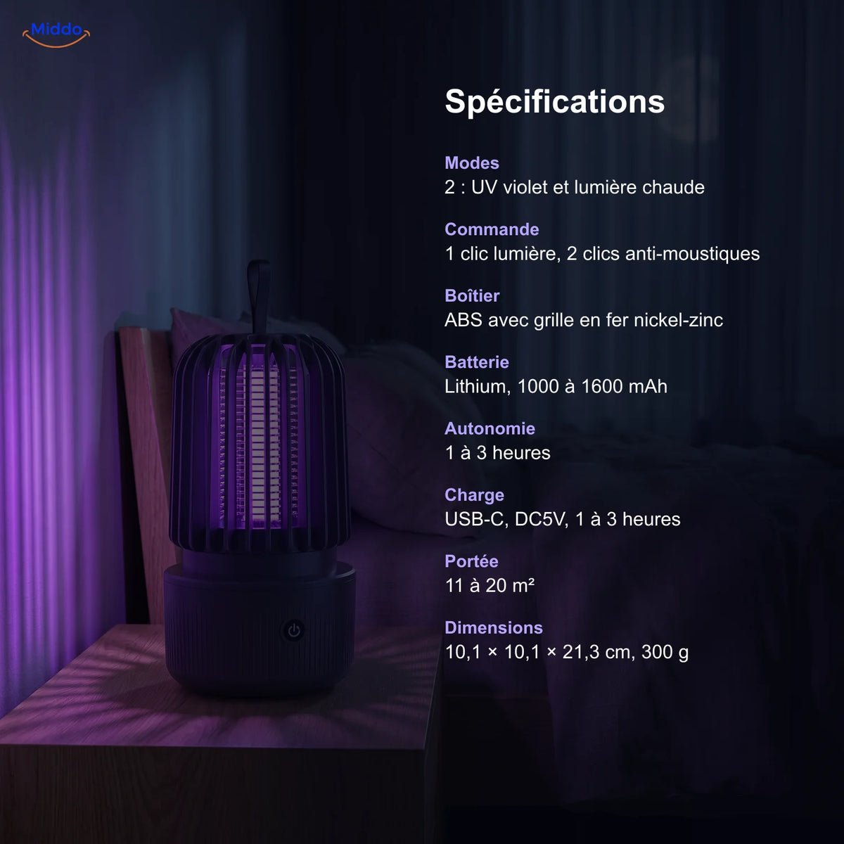 Spécifications de la lampe anti-moustiques BuzzAway