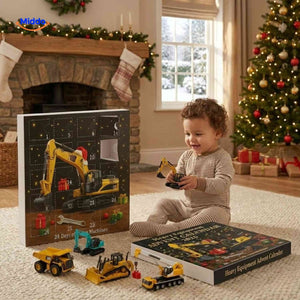 enfant qui joue avec les mini véhicules de chantier du calendrier de l'avent