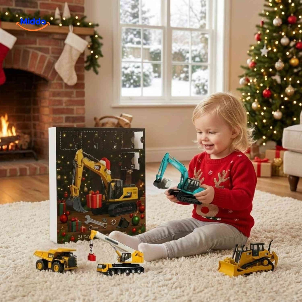 gros plan sur une pelleteuse jouet miniature issue du calendrier de l'avent chantier