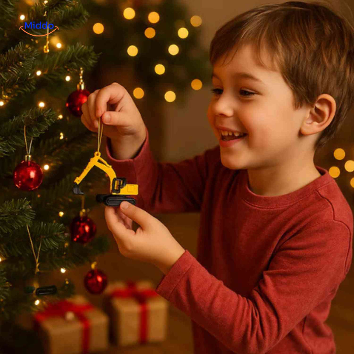 tout-petit découvrant son calendrier de l'avent avec engins de chantier en jouets