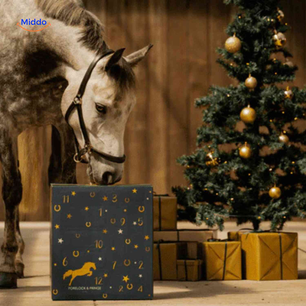 calendrier de l'avent pour chevaux avec cheval et sapin de noël décoré