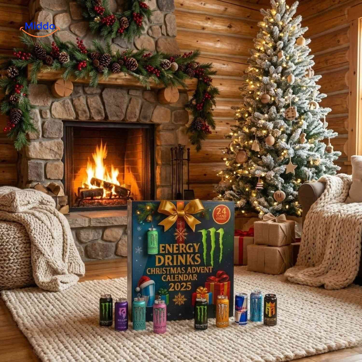 calendrier de l'avent energy drinks dans une ambiance de Noël rustique et chaleureuse