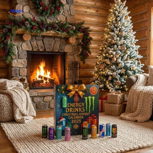 calendrier de l'avent energy drinks dans une ambiance de Noël rustique et chaleureuse