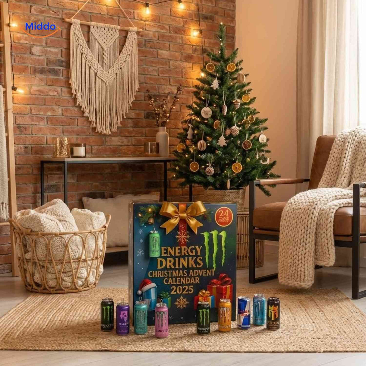 calendrier de l'avent energy drinks disposé de façon festive pour les fêtes