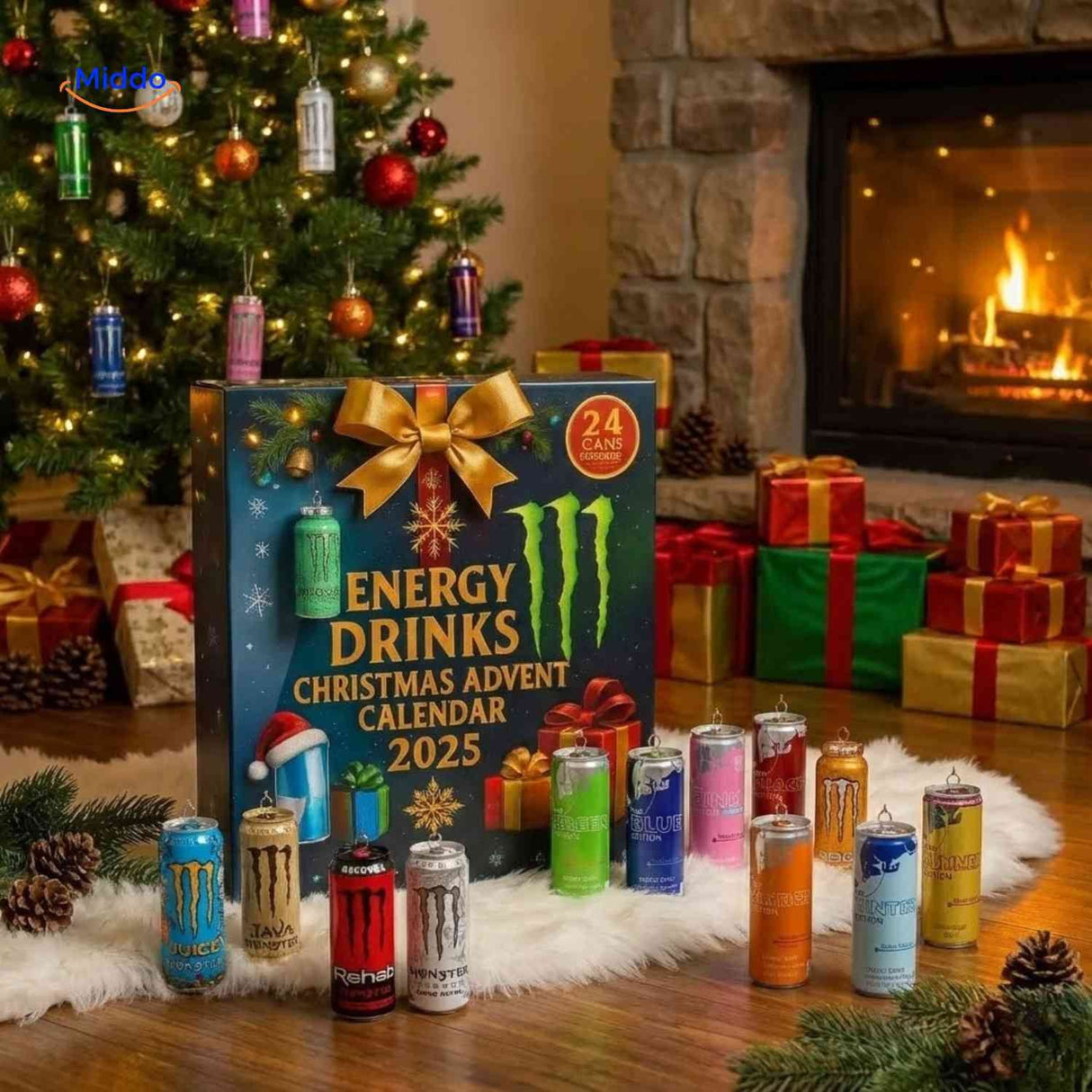 calendrier de l'avent energy drinks posé près du sapin de Noël