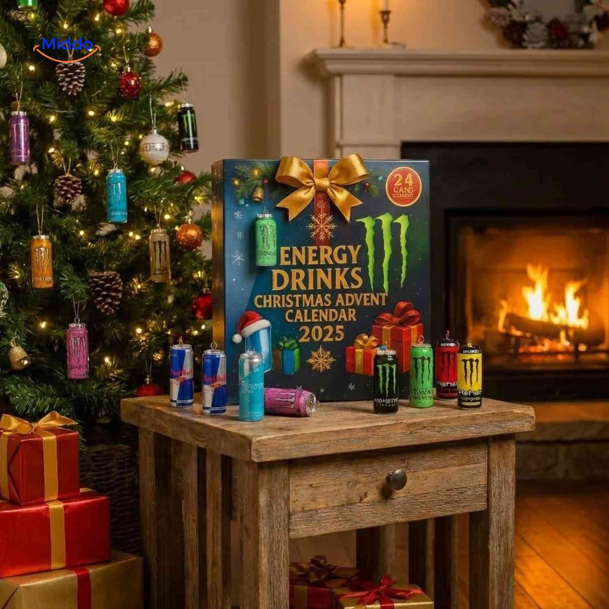 calendrier de l'avent energy drinks posé sur une table dans une ambiance de Noël