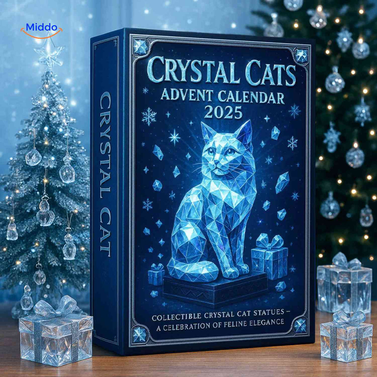 calendrier de l'avent avec figurine chat en cristal posée sur une bibliothèque