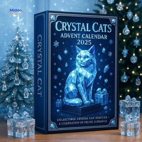calendrier de l'avent avec figurine chat en cristal posée sur une bibliothèque