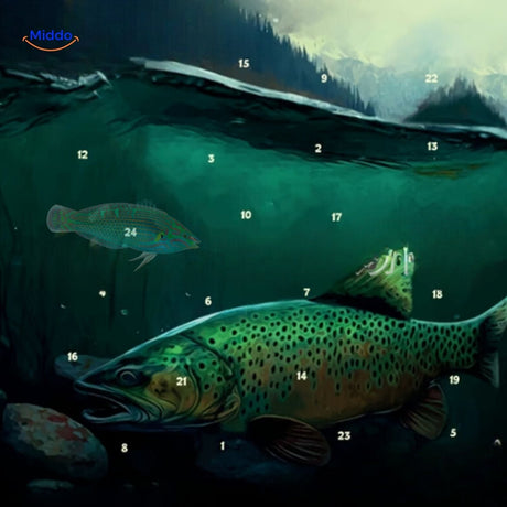 calendrier de l'avent pêche avec illustration artistique de truite, décoration de noël