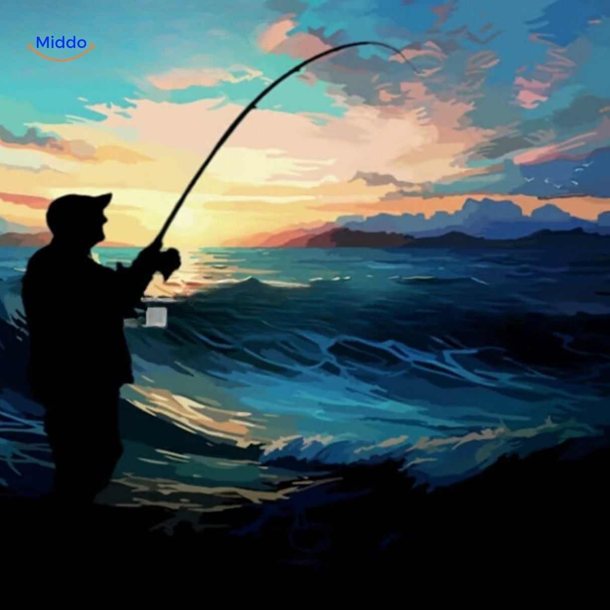 calendrier de l'avent pêche illustré de silhouettes de poissons au coucher du soleil