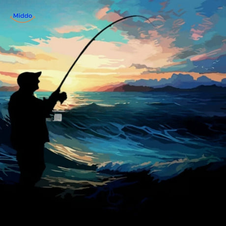 calendrier de l'avent pêche illustré de silhouettes de poissons au coucher du soleil