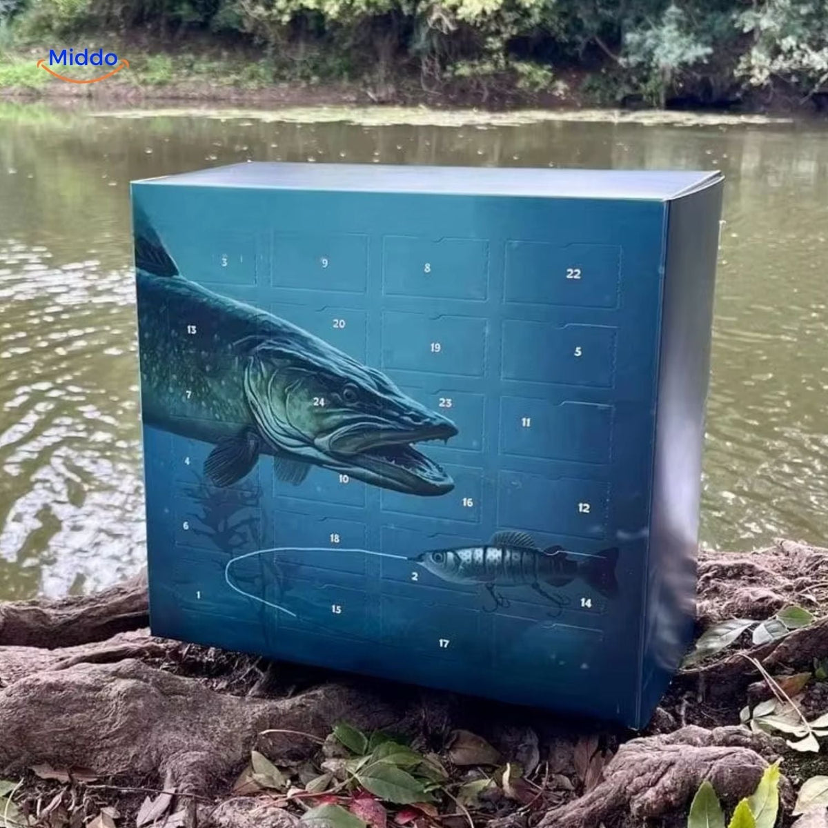 calendrier de l'avent pêche présenté en extérieur, idée cadeau de noël pour pêcheurs