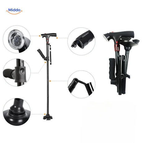 canne pliable avec éclairage LED et détail des réglages de hauteur disponibles