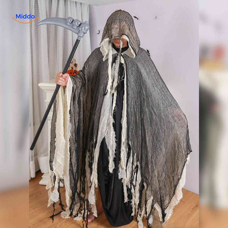 cape d'halloween gris et blanc avec faux, look fantome effrayant pour soiree
