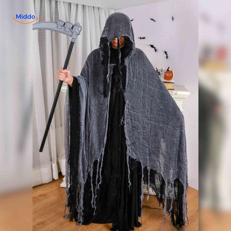 cape d'halloween gris fonce avec faux, style linceul sinistre pour costume de fete