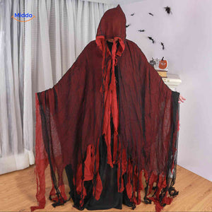 cape d'halloween rouge avec effet dechire, manteau de deguisement sinistre pour fete