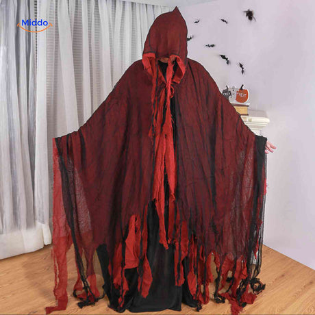 cape d'halloween rouge avec effet dechire, manteau de deguisement sinistre pour fete