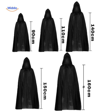 cape noire à capuche disponible en plusieurs tailles pour adultes et enfants