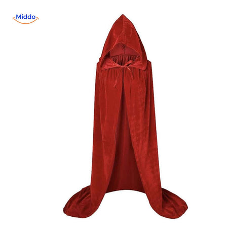 cape velours rouge longue à capuche vue de dos en déguisement