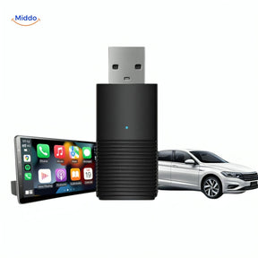 adaptateur carplay sans fil branché sur port usb de voiture, interface apple maps visible sur écran