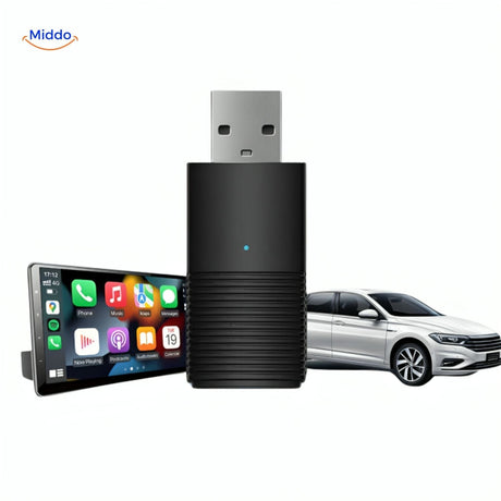 adaptateur carplay sans fil branché sur port usb de voiture, interface apple maps visible sur écran