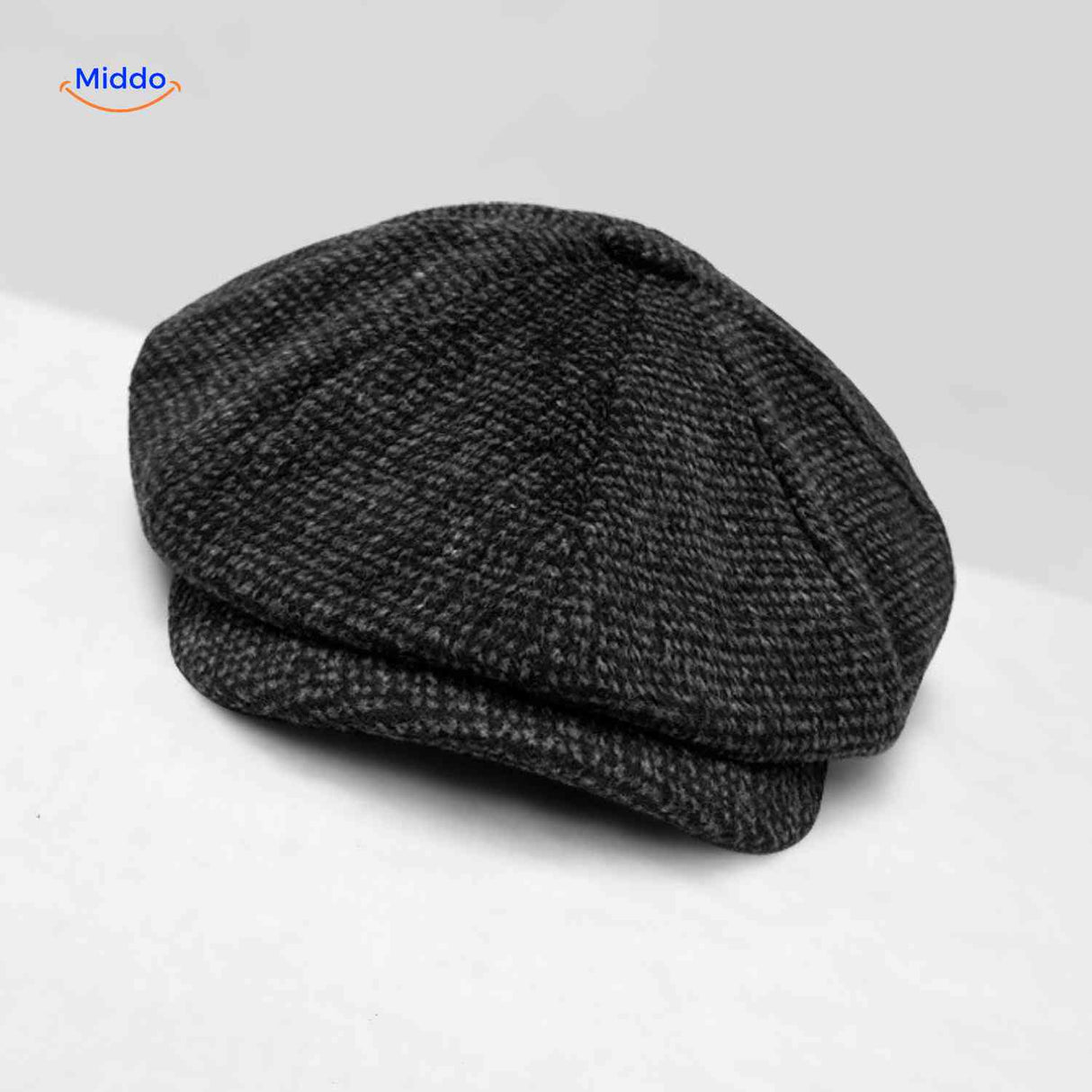 casquette plate anthracite motif pied-de-poule en laine, style années 20