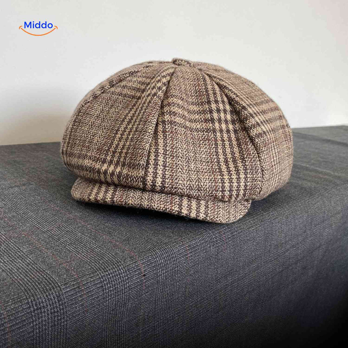 casquette plate en laine à carreaux beige clair, style newsboy rétro
