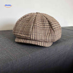 casquette plate en laine à carreaux beige clair, style newsboy rétro
