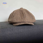 casquette plate beige clair motif pied-de-poule en laine mélangée