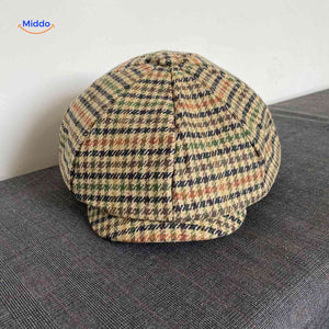 casquette plate beige à carreaux multicolores en laine mélangée