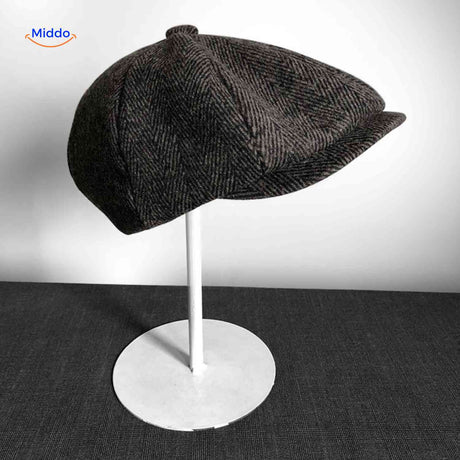 casquette plate en laine à chevrons brun foncé, coupe classique