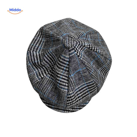 casquette plate en laine à carreaux gris et bleu, style newsboy rétro