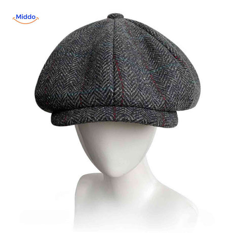 casquette plate grise chevrons en laine, vue de profil style rétro