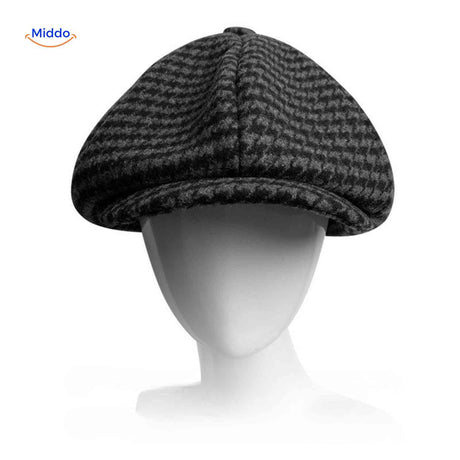 casquette plate gris foncé motif pied-de-poule en laine, coupe classique