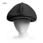 casquette plate gris foncé motif pied-de-poule en laine, coupe classique