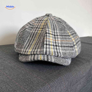 casquette plate en laine à carreaux gris et jaune, coupe classique