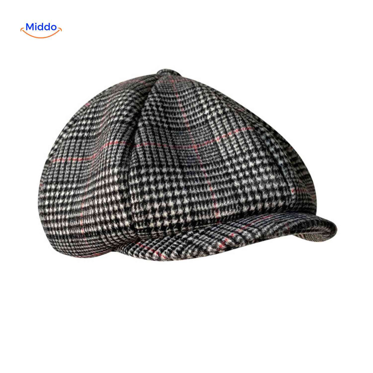 casquette plate en laine à carreaux gris, coupe newsboy classique